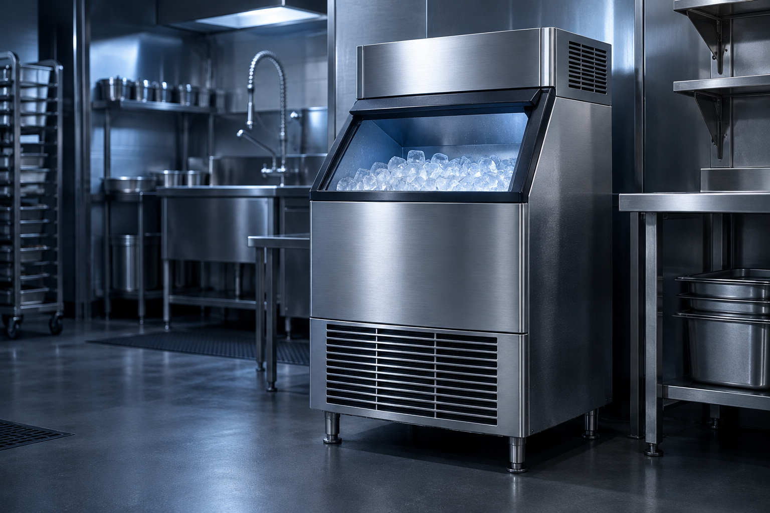 Commercial stainless-steel ice machine in a professional kitchen
